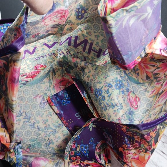 Johnny Was Shopping Tote Blue Pink Floral Reusable Packable 13x17" New - Picture 6 of 7
